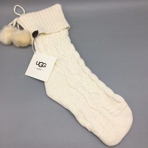 UGG HOME Christmas Ivory Cable Knit Stocking Fur Pom Poms Luxury Cream NEW